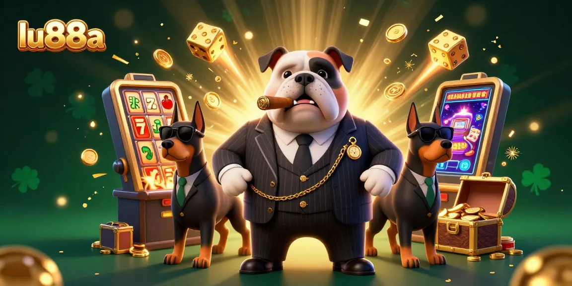 Experience thrilling jackpots at lu88a with a mafia bulldog and Doberman bodyguards amidst a vibrant casino scene.
