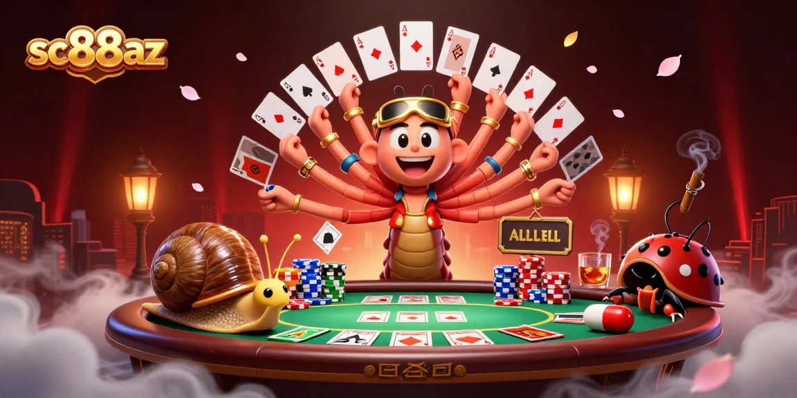 Experience the excitement of poker with sc88az, featuring a lively dealer and chip-stacking snail in an animated casino setting.