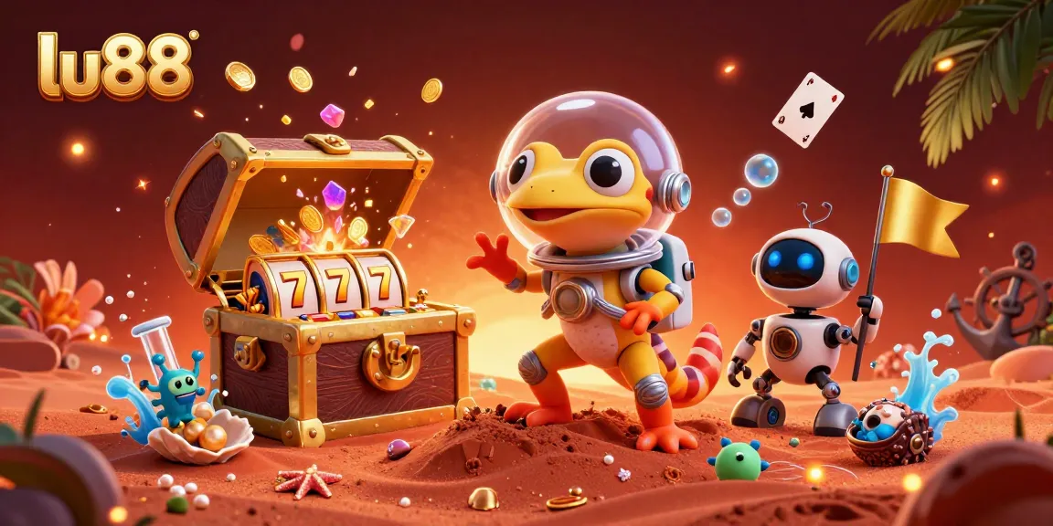 Experience exciting gaming adventures at lu88 with a Martian gecko uncovering treasures in a vibrant casino scene.