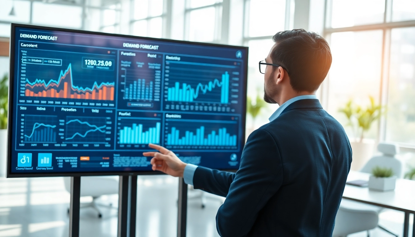 Visual representation of demand forecasting with an analyst reviewing data on digital screens.