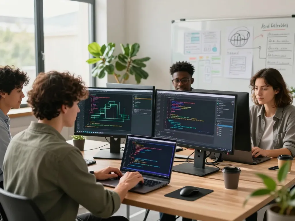 Team of software developers collaborating on HBET project in a modern workspace with laptops and monitors.