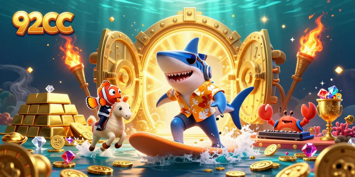 Join the fun with 92CC casino games as a shark surfs through a treasure of coins!