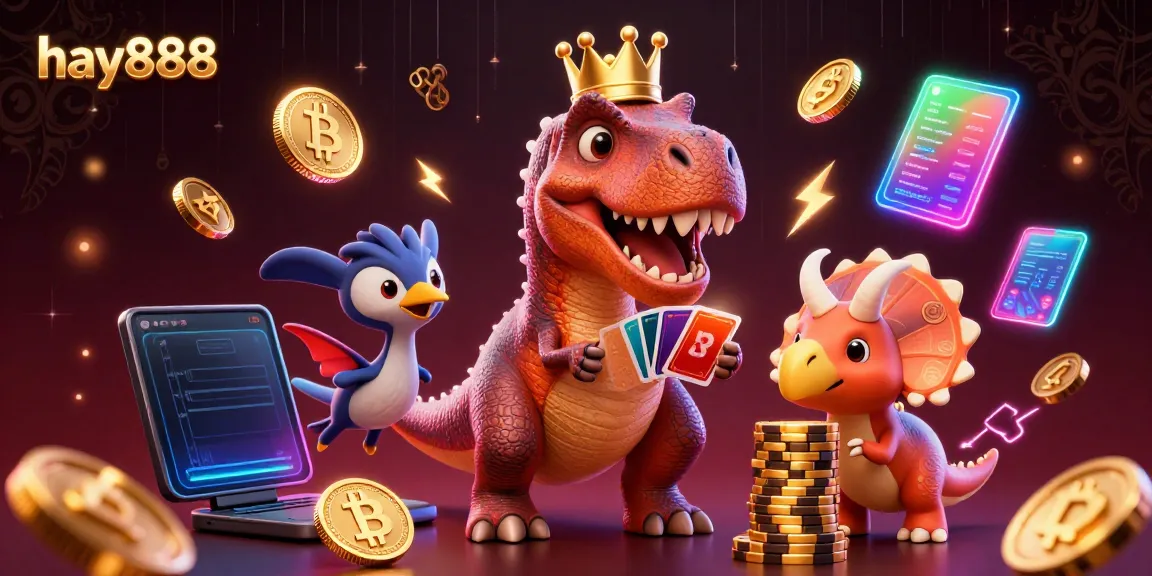 Experience hay888's thrilling casino atmosphere with a lively dinosaur poker scene in 3D.