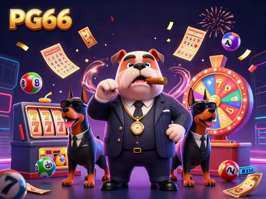 Engage with PG66's vibrant 3D casino scene featuring a mafia bulldog and Dobermans surrounded by slot games and confetti.