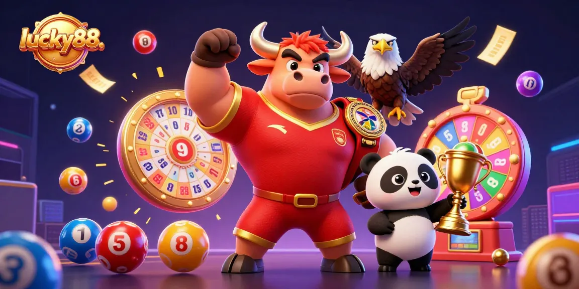 Join the excitement with lucky88. as a bull mascot celebrates with a trophy, surrounded by vibrant casino elements.