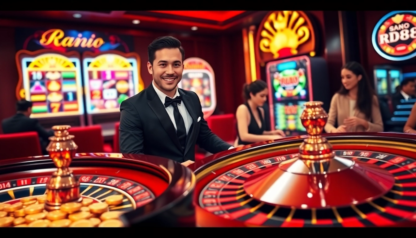 RR88 casino scene showcasing players engaged at a roulette table, reflecting luxury and excitement.