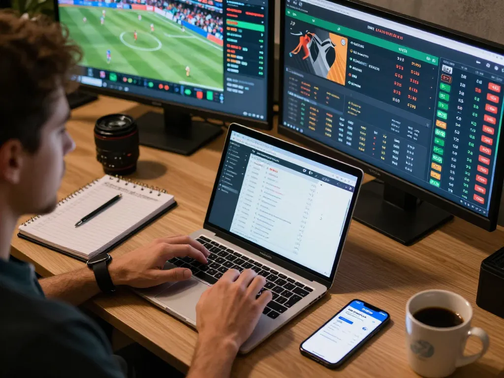 Engaging sports betting setup featuring 45678 screens displaying live odds and user interface for successful wagers