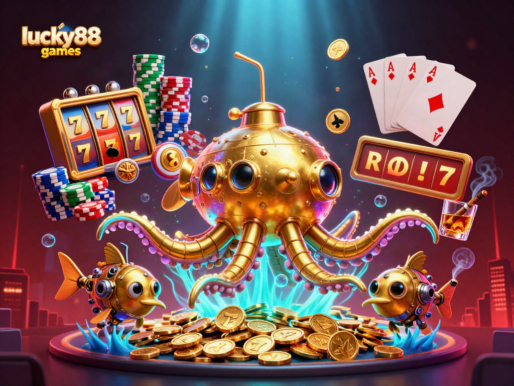 Experience thrilling gameplay at lucky88games with a golden kraken submarine amidst vibrant casino elements.
