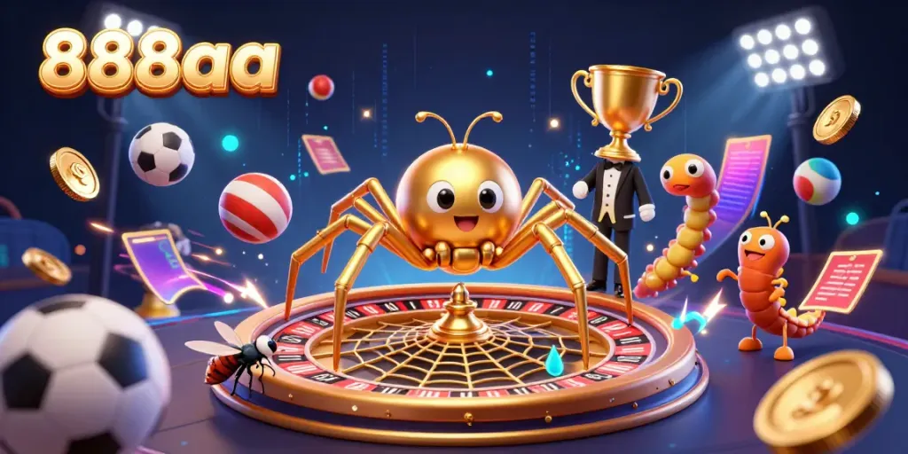 Experience excitement at 888aa with a golden spider roulette wheel, sports action, and vibrant casino elements.