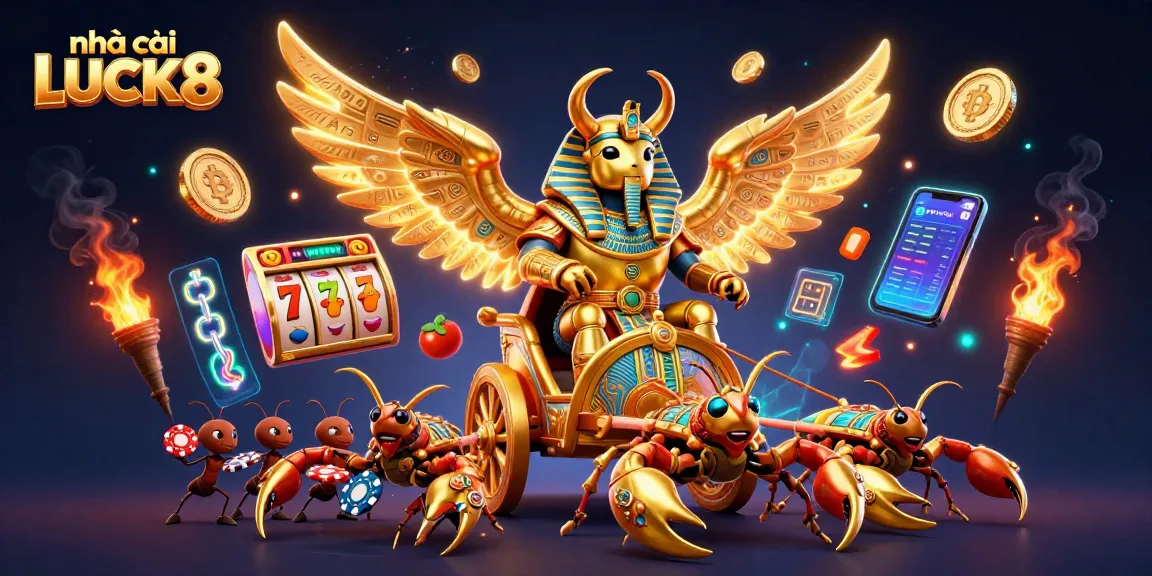 Engage with nhà cái LUCK8 through a dynamic casino scene featuring vibrant games and characters.