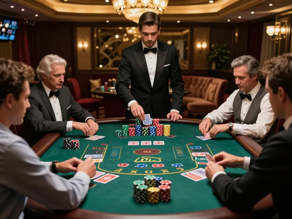va88 players strategizing over blackjack table with dealer in luxurious casino setting