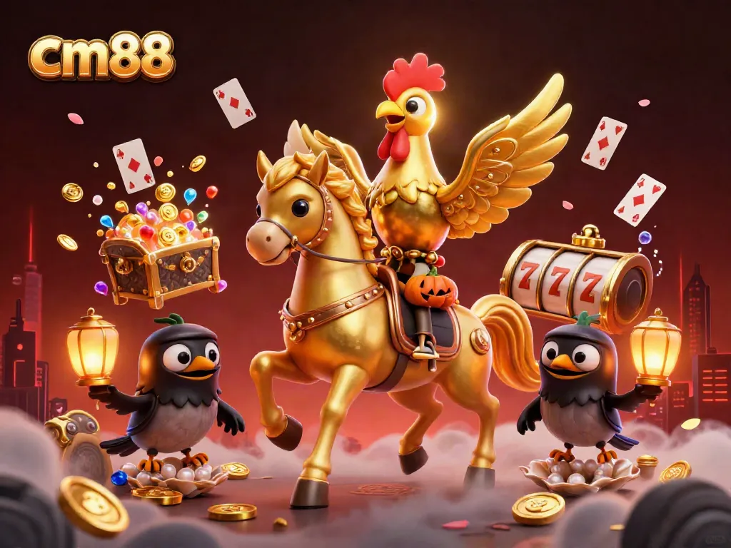 Engage with cm88's thrilling casino world featuring a golden rooster and treasure.
