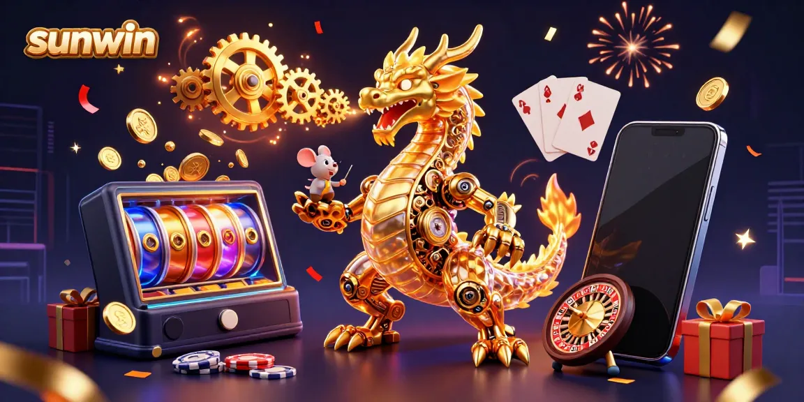 Experience exciting gaming with Sunwin featuring a golden dragon amidst vibrant casino elements.