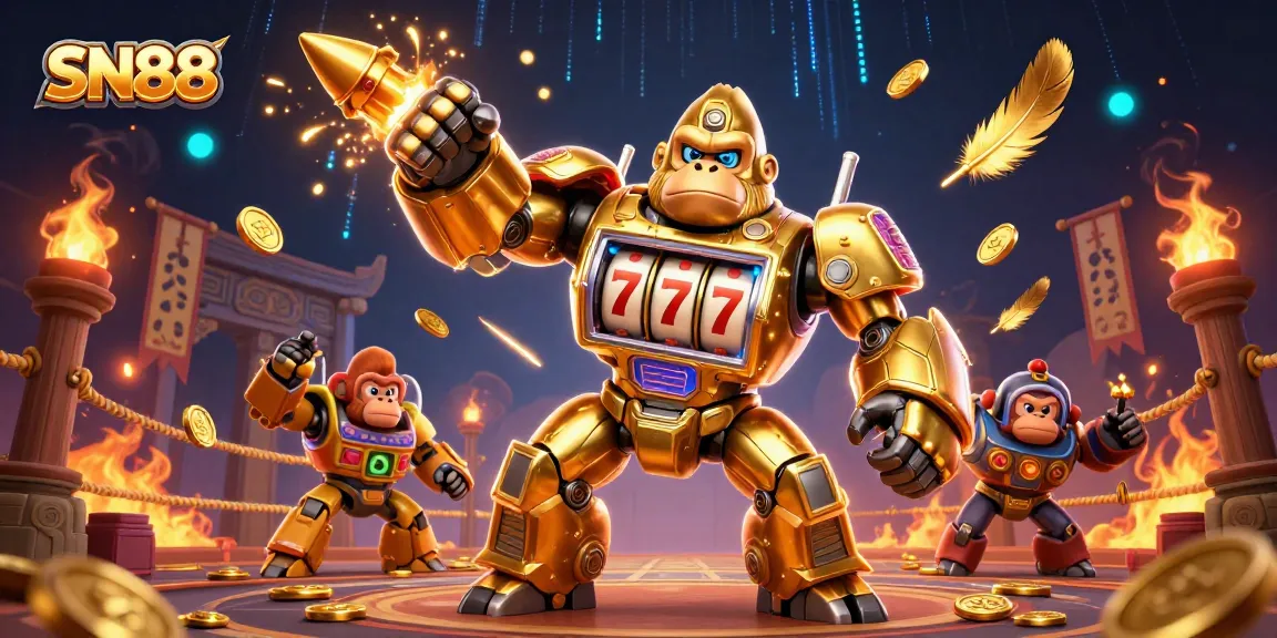 Experience the thrill of SN88 with a golden gorilla mech showcasing slot machine parts and explosive betting action.