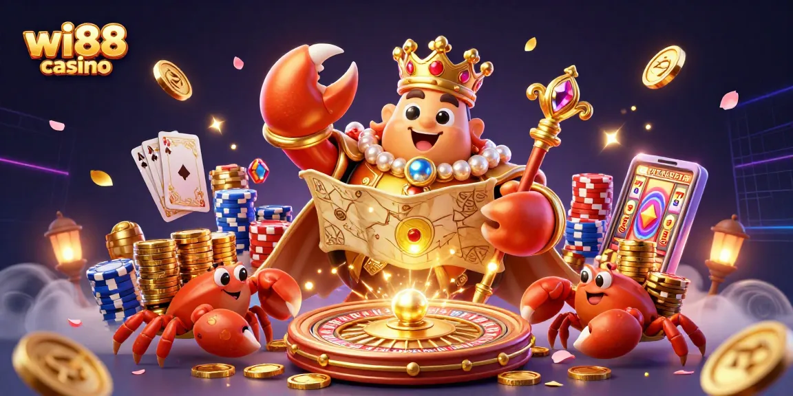 Experience the excitement of wi88 casino with a vibrant, dynamic 3D illustration featuring a golden crab emperor.