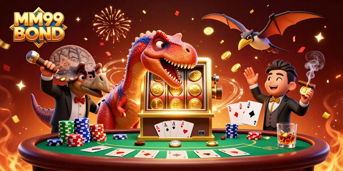 Experience the excitement of MM99 BOND with a cartoon dinosaur winning jackpot coins from a golden slot machine.