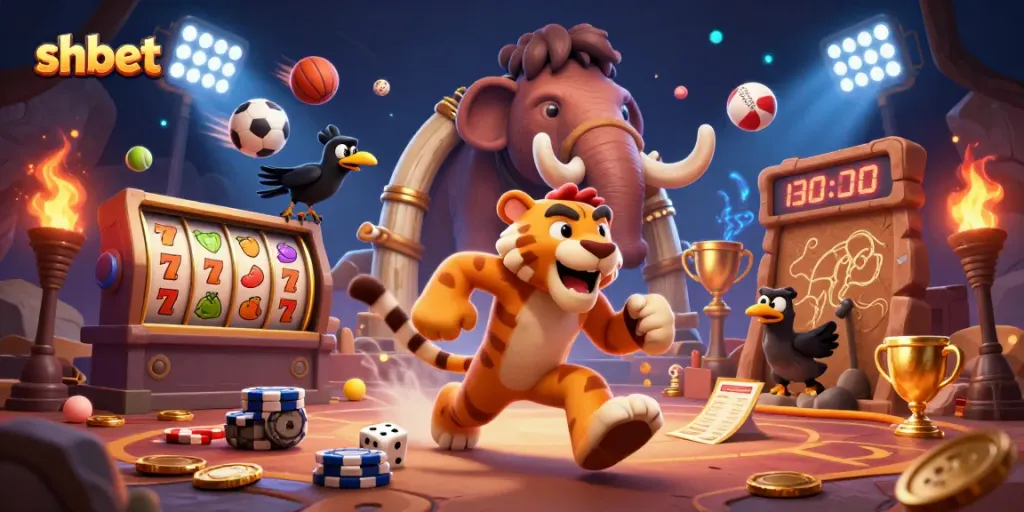 Engage in exciting games at shbet with dynamic sports and casino elements in a prehistoric scene
