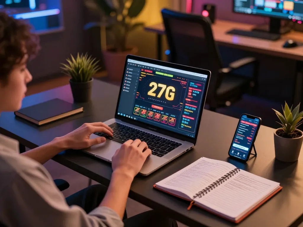 27G player enjoying a seamless online gaming experience with tablet and laptop in cozy setup