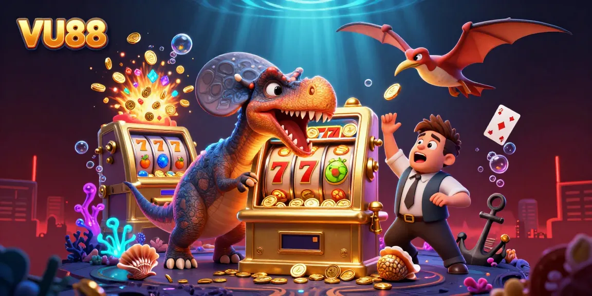 VU88 celebrates jackpot moments with vibrant 3D scene featuring playful dinosaurs and slot machine excitement.