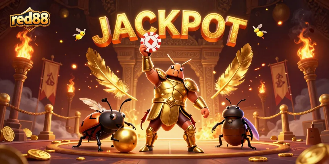 Enjoy red88's thrilling casino experience with cartoon beetles celebrating a jackpot victory.