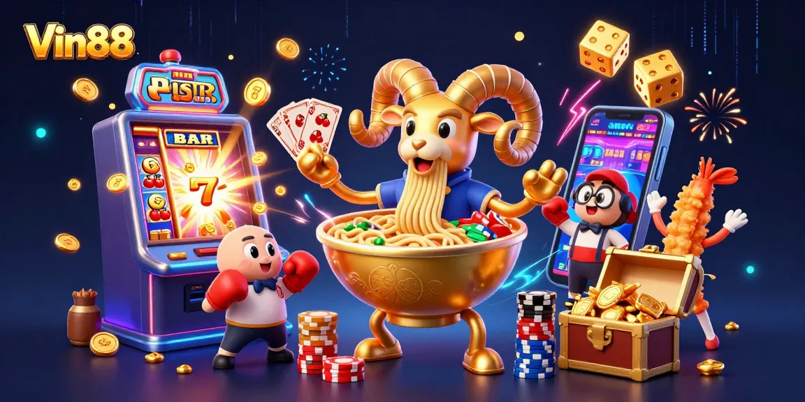 Experience dynamic gaming with Vin88's vibrant 3D casino illustration featuring giant characters and exciting slot elements.