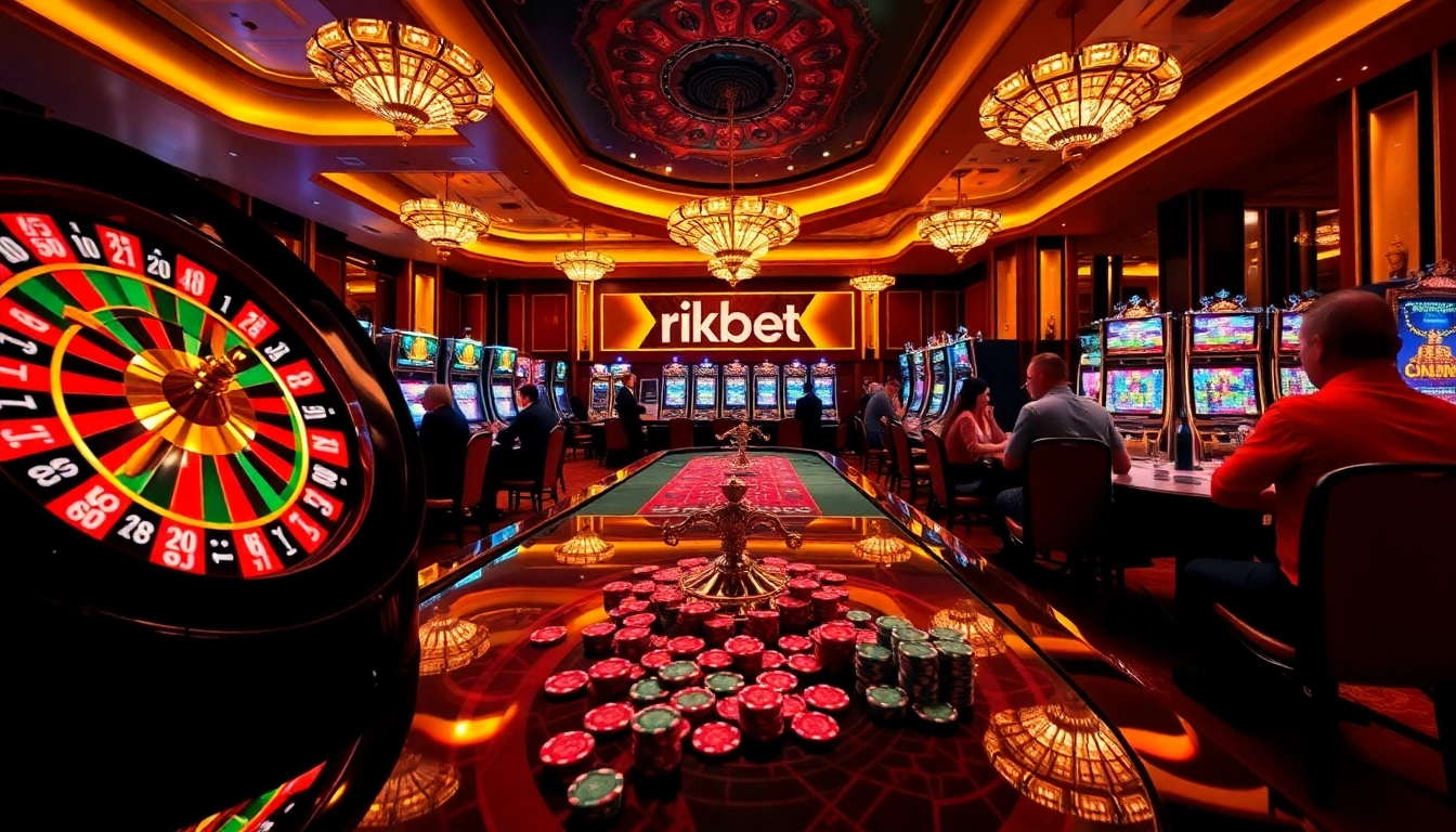 Exciting casino atmosphere showcasing rikbet gameplay with vibrant roulette wheel and poker chips.