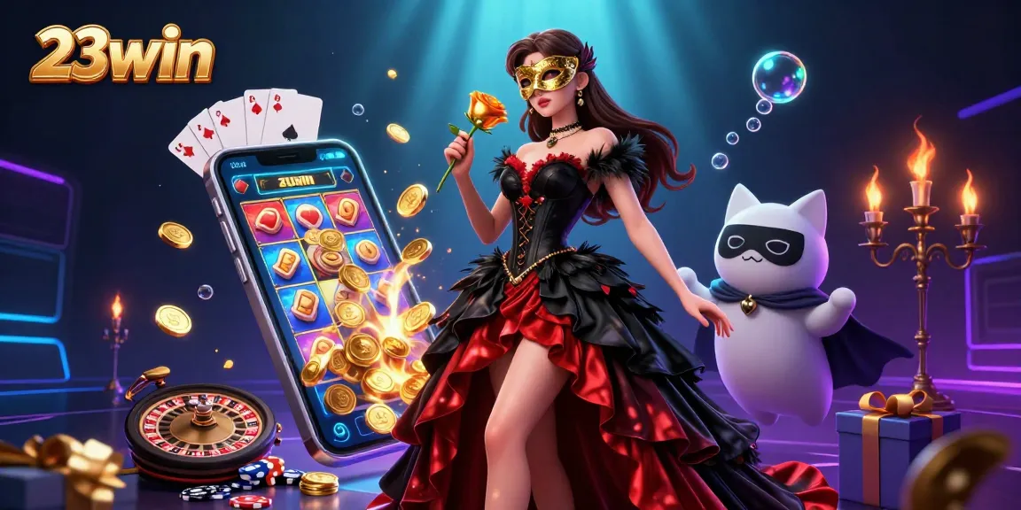 Engage with the thrilling ambiance of 23win in this vibrant 3D casino illustration featuring dynamic gaming elements.