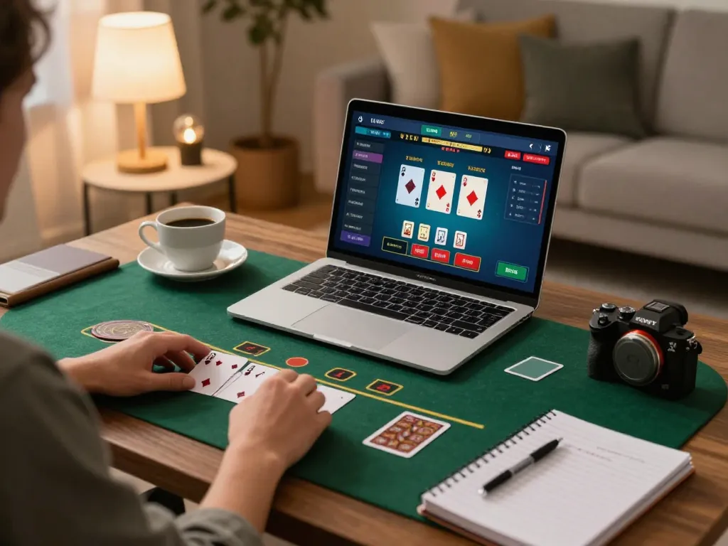 Player enjoying jogoluck live dealer blackjack on a sleek laptop at home, showing strategic gaming environment.