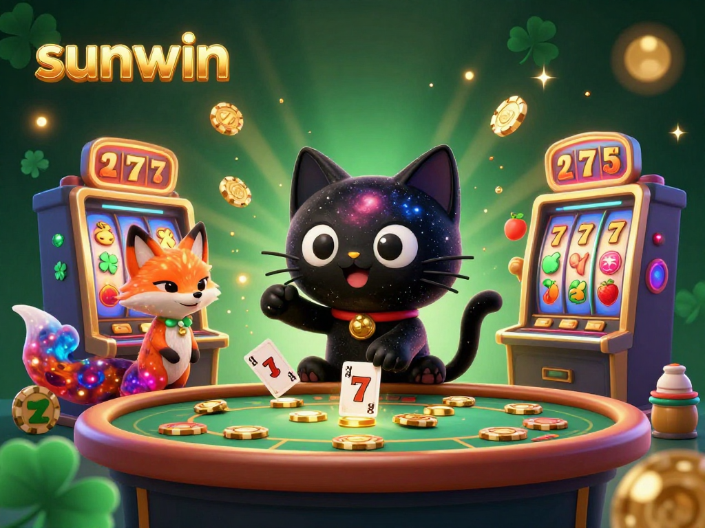 Win golden chips at the cosmic casino with sunwin and a cartoon cat.