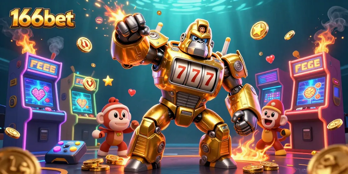 Engage with the excitement of 166bet featuring a golden gorilla mech and dynamic gaming elements.