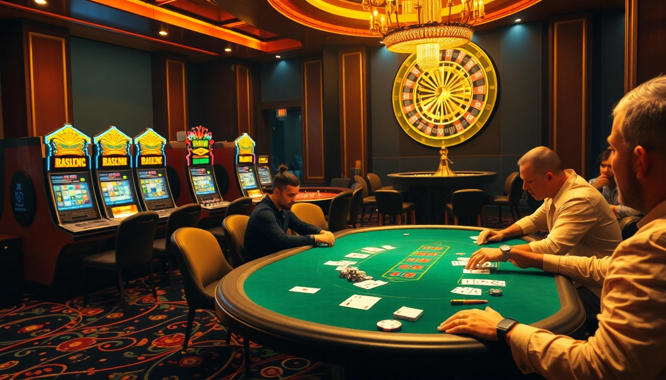 Experience the thrill of gambling at mb66 with an exciting casino scene of poker and slot machines.