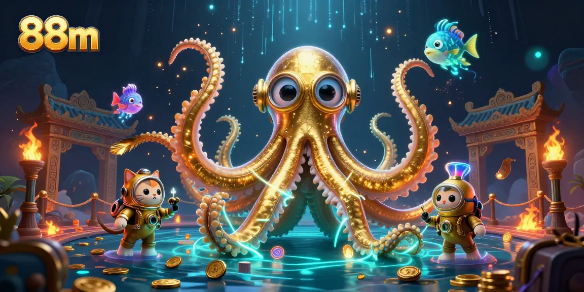 Engage in exciting gameplay with 88m; watch as a kraken and diving cat navigate a treasure-filled underwater world.