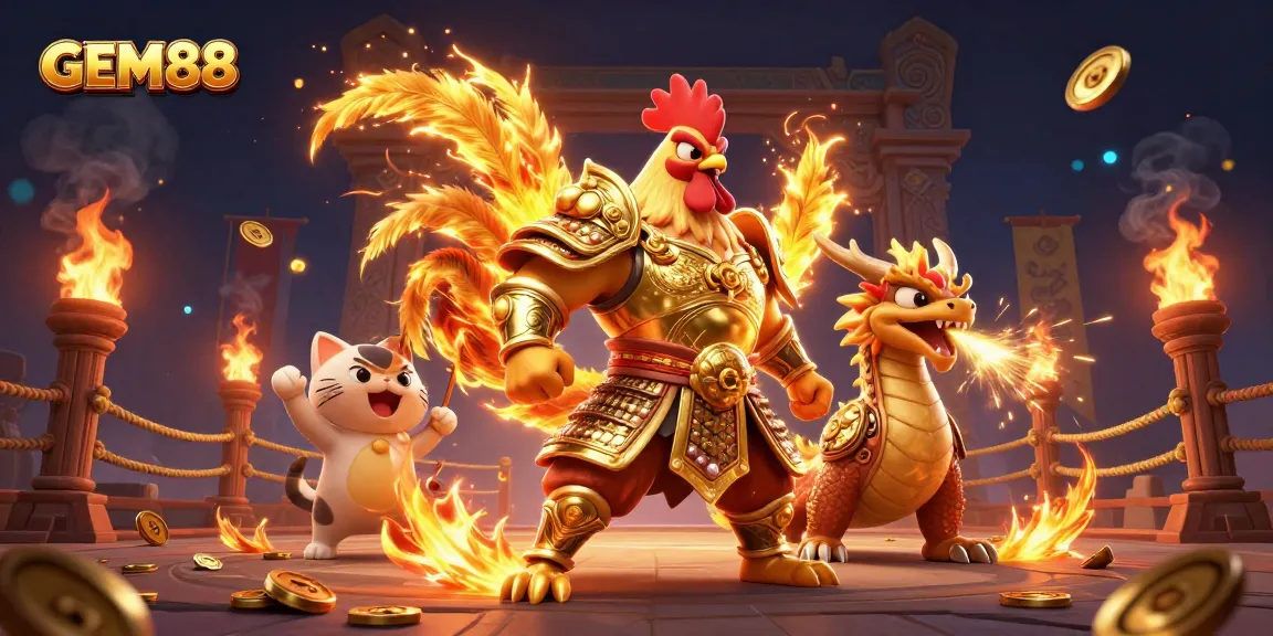 GEM88 showcases a vibrant scene with a rooster warrior, dragon hatchling, and fortune cat amidst casino elements.