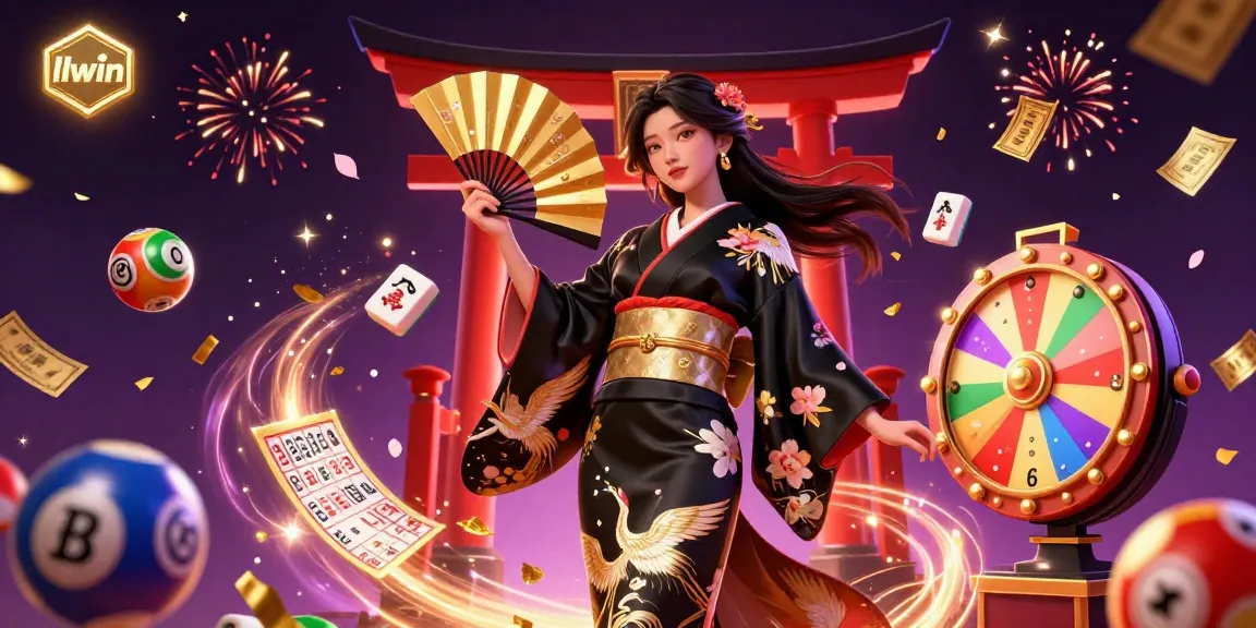 Experience thrilling games at llwin with dynamic lottery balls, colorful confetti, and elegant characters.