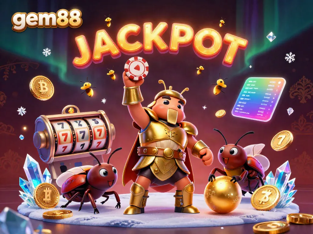 Experience the excitement of gem88 with a victorious beetle lifting a poker chip amidst jackpot symbols and cryptocurrency elements.