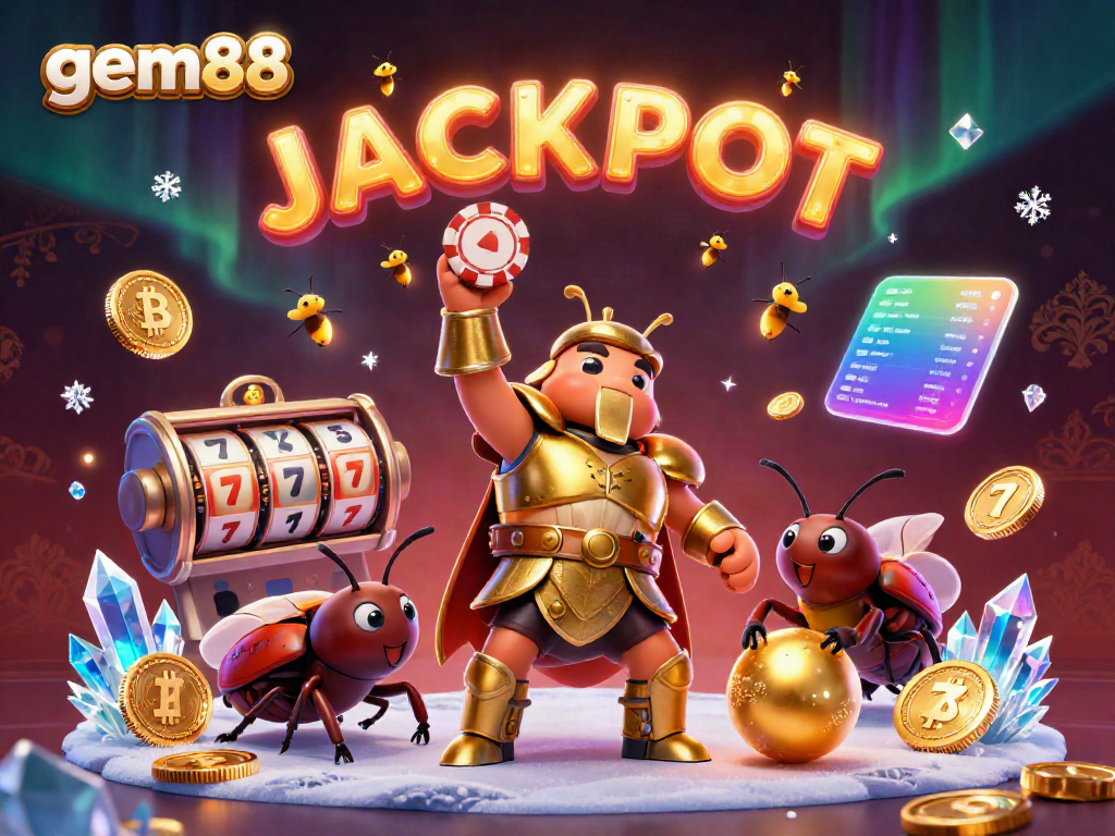 Experience the excitement of gem88 with a victorious beetle lifting a poker chip amidst jackpot symbols and cryptocurrency elements.