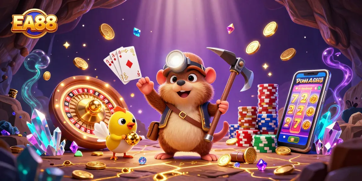 Experience EA88's thrilling gaming journey with a treasure hunter, gems, and dynamic casino elements.