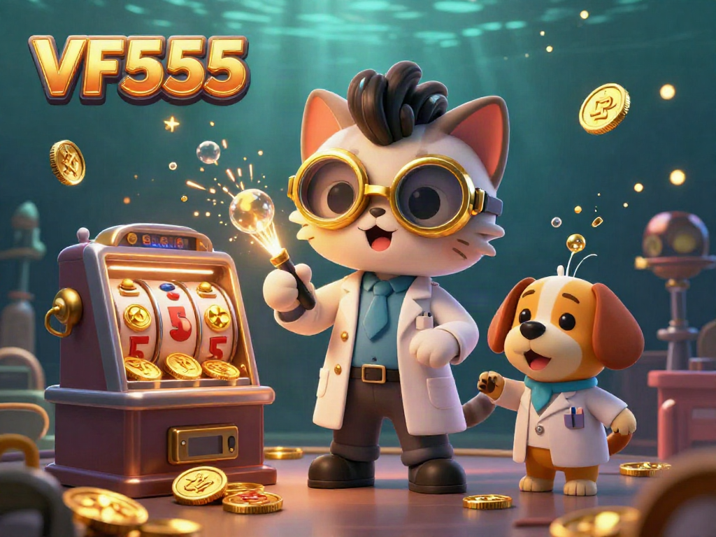 Engage in exciting jackpots with VF555 as golden coins and slot reels sparkle dynamically in a casino scene.