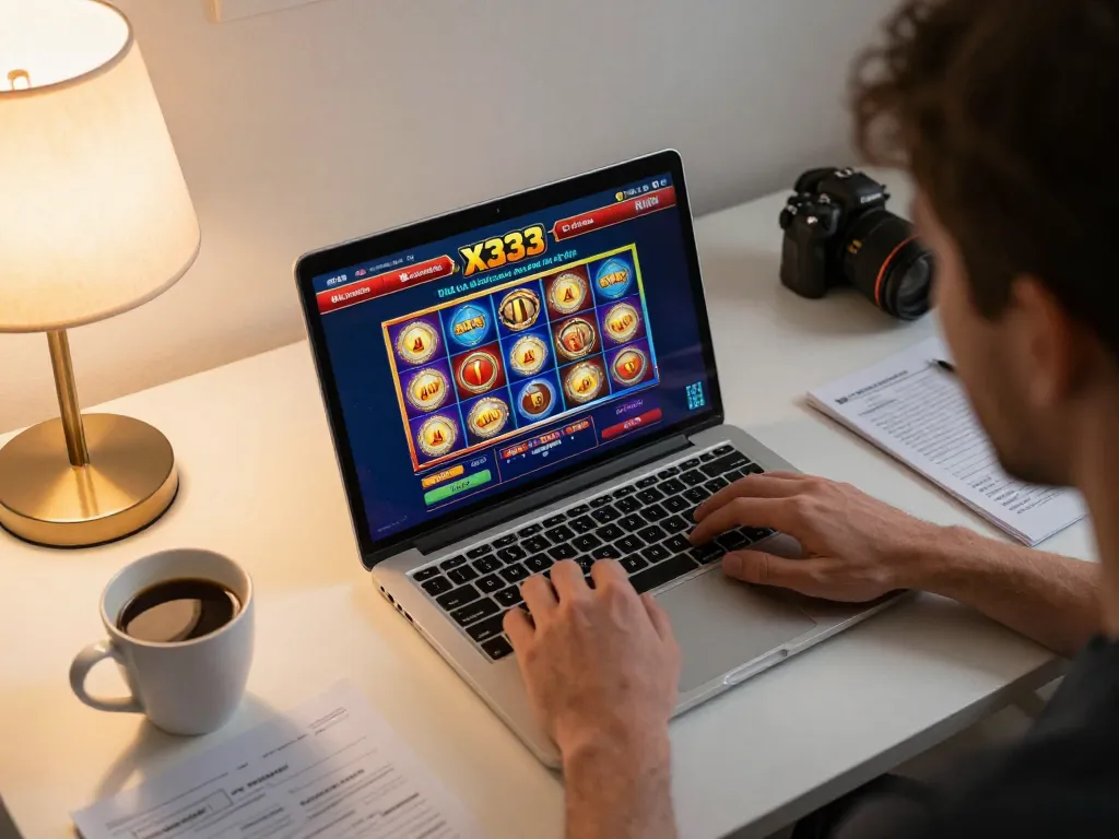 Player engaging with x333 casino slots on laptop with cozy home setup and strategy notes