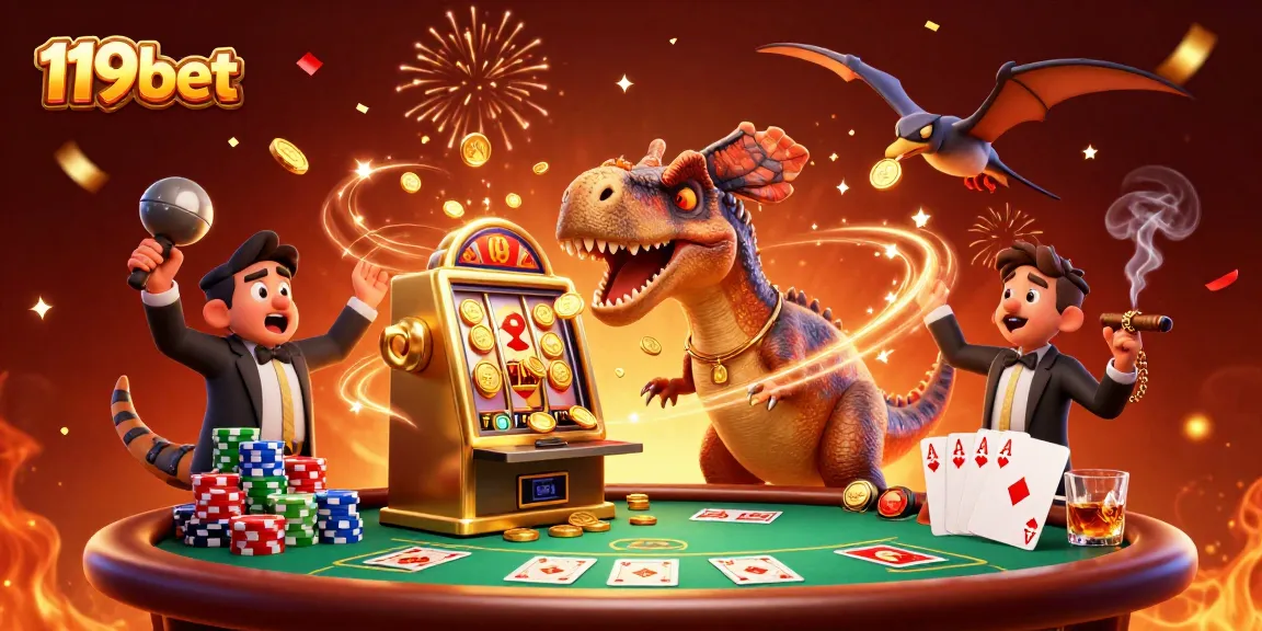 Experience thrilling 119bet jackpots with a dinosaur theme in 3D casino illustration.
