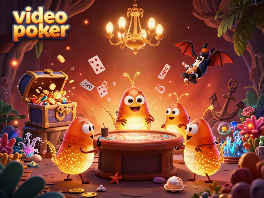 Engage in exciting video poker action with glowworms illuminating a vibrant casino setting.