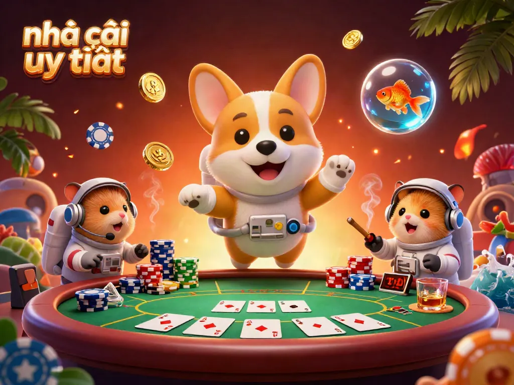 Engaging scene depicting a floating corgi in a space casino, illustrating nhà cái uy tín with dynamic gambling elements.