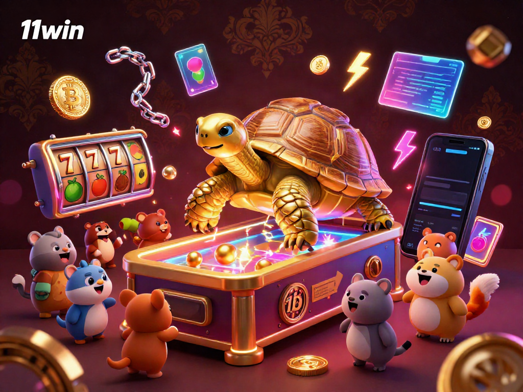 Experience the thrilling casino atmosphere with 11win's vibrant characters and gaming elements interacting in an energetic scene.