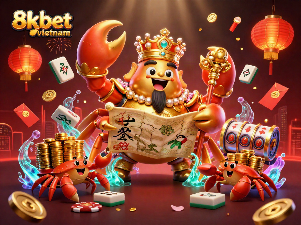 Experience thrilling gaming at 8xbet vietnam with a vibrant 3D casino scene featuring the golden crab emperor.