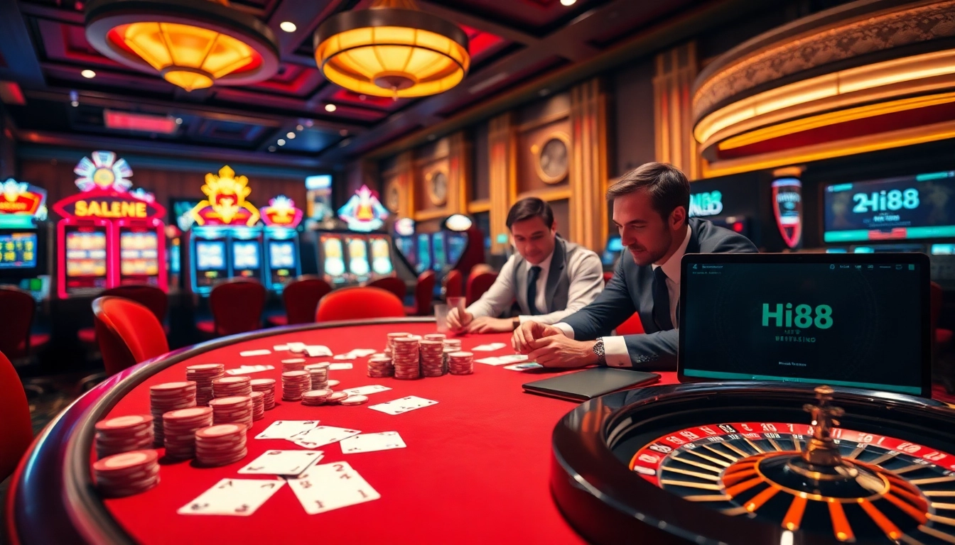 Hi88 casino players at a vibrant poker table, showcasing excitement and luxury in gambling.