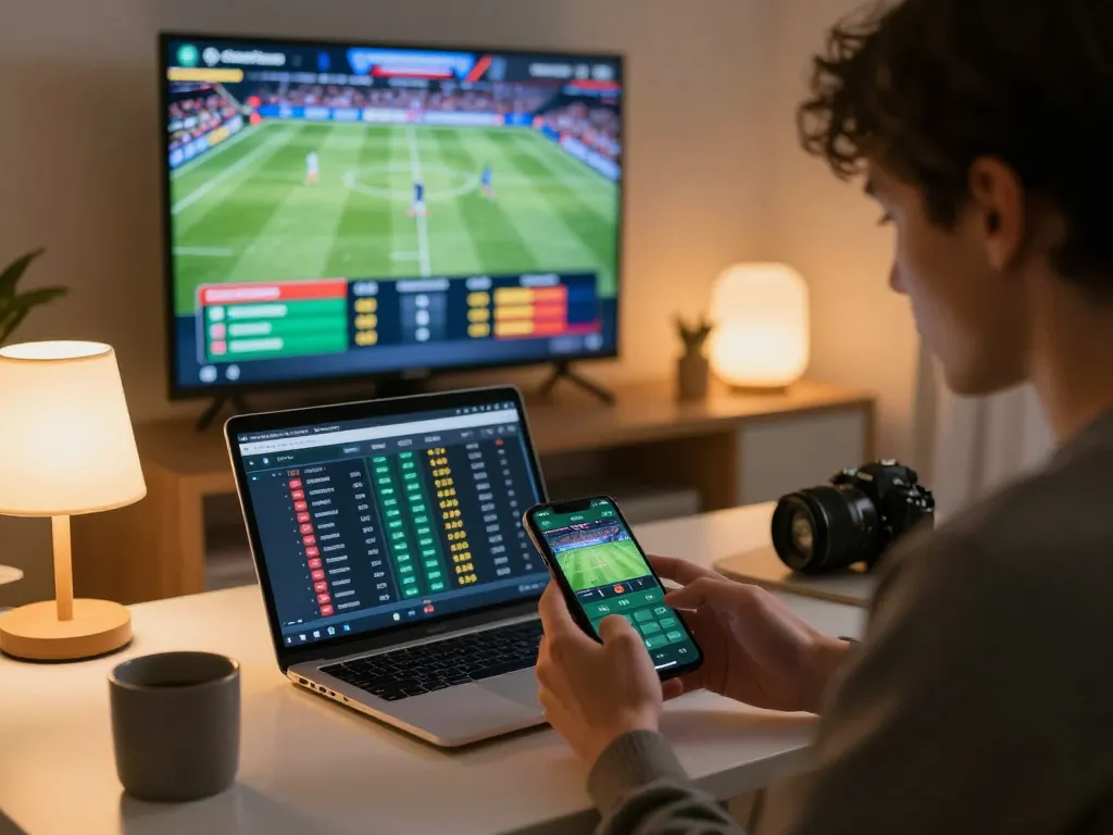 EK333 user engaging in sports betting on a smartphone amidst live sports broadcasts.