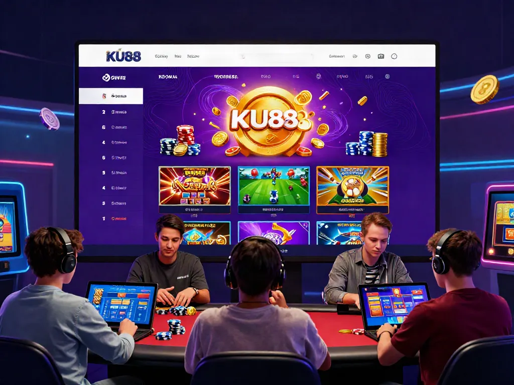 Interactive gaming scene at https://ku88v1.com/ featuring players enjoying online slots, poker, and sports betting.