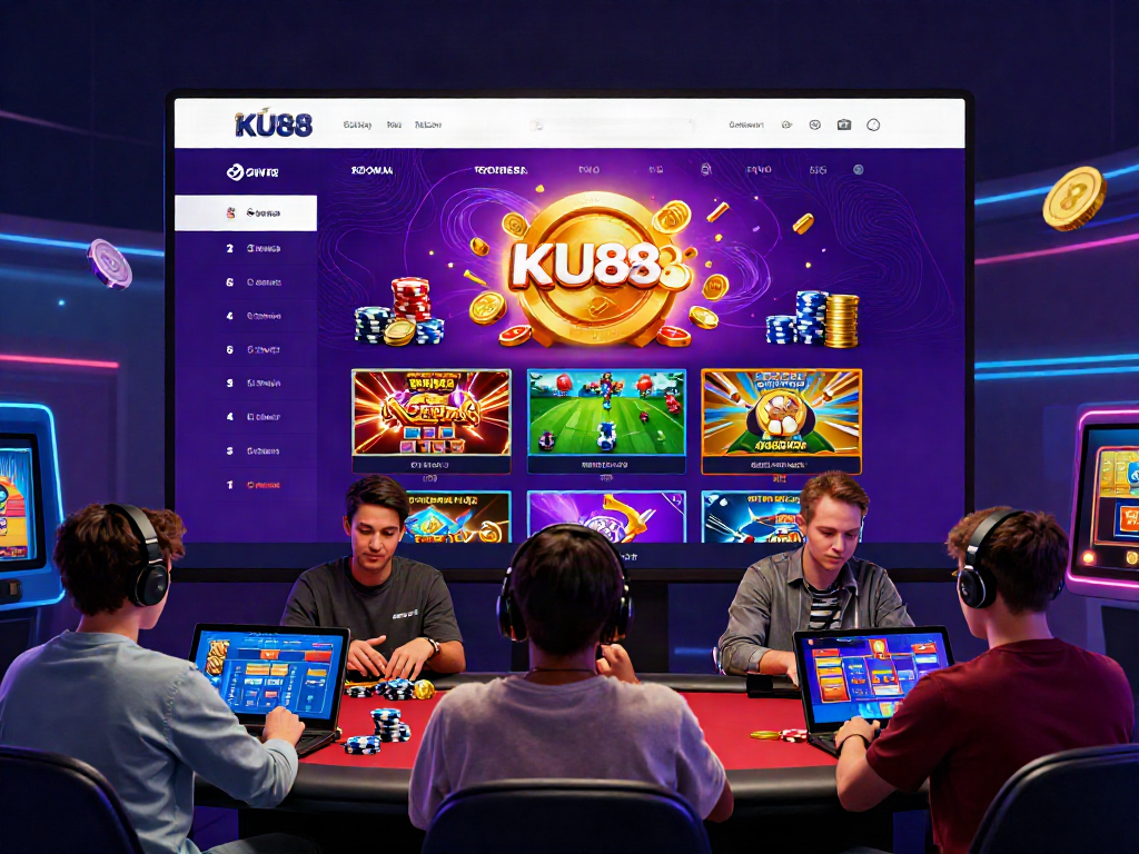 Interactive gaming scene at https://ku88v1.com/ featuring players enjoying online slots, poker, and sports betting.