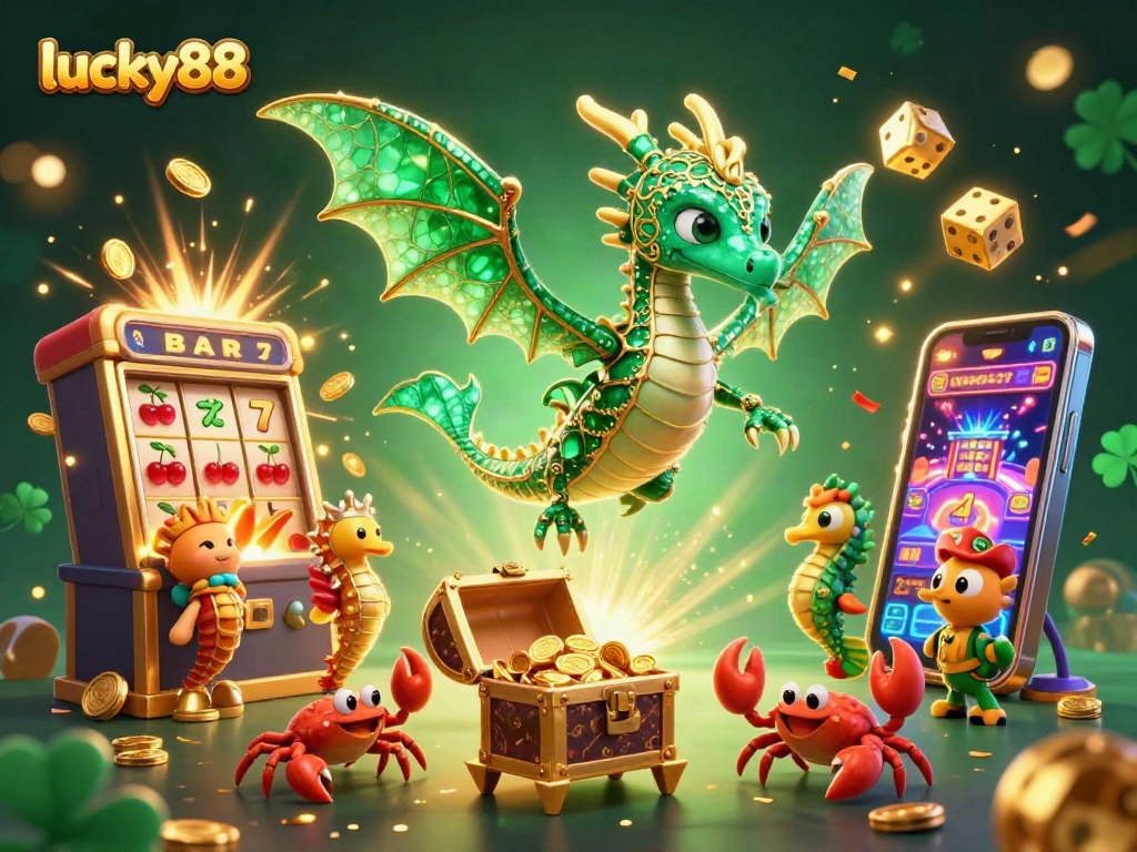 Engage with lucky88 slots and discover vibrant casino excitement in this colorful 3D illustration.