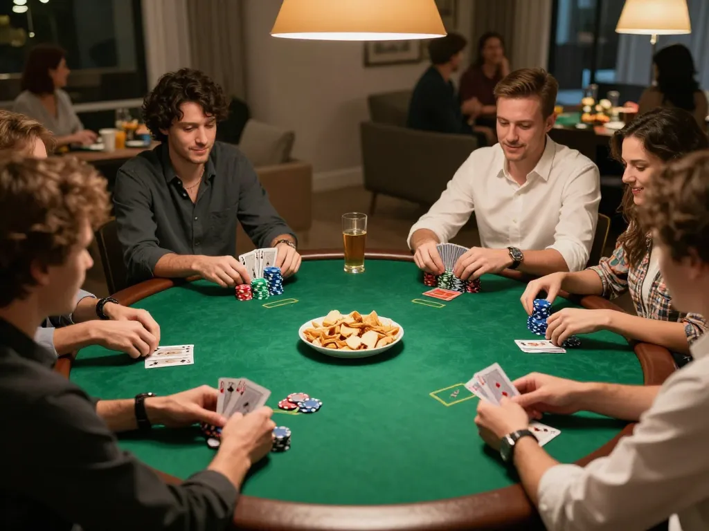 Engaged players at a friendly poker night with 688v-themed gameplay, showcasing strategy and excitement.